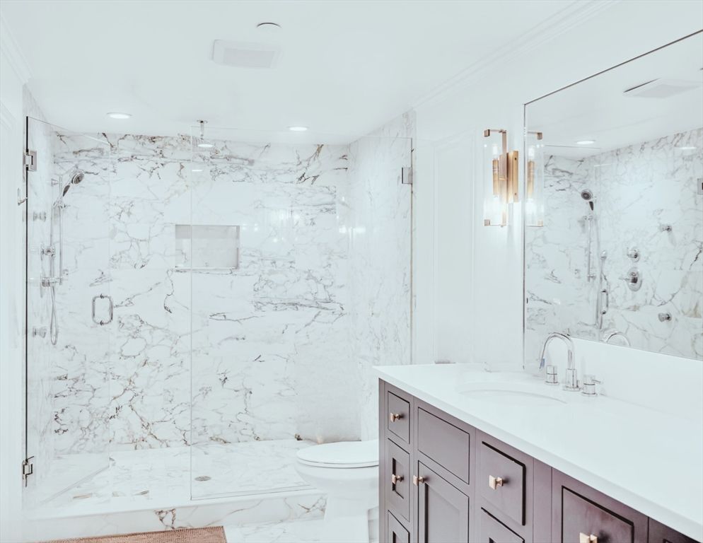 Bathroom, Glass Shower, Interior, Marble, Marble Walls, Recessed Lighting