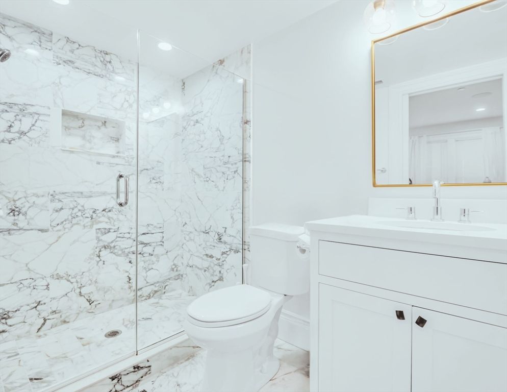 Bathroom, Glass Shower, Interior, Marble, Marble Walls, Recessed Lighting