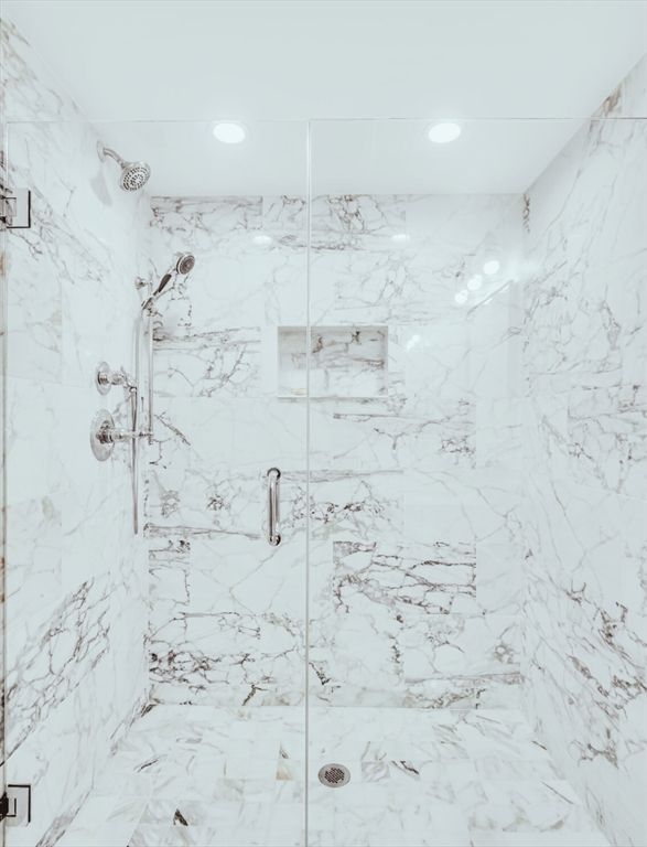 Bathroom, Glass Shower, Interior, Marble, Marble Walls, Recessed Lighting