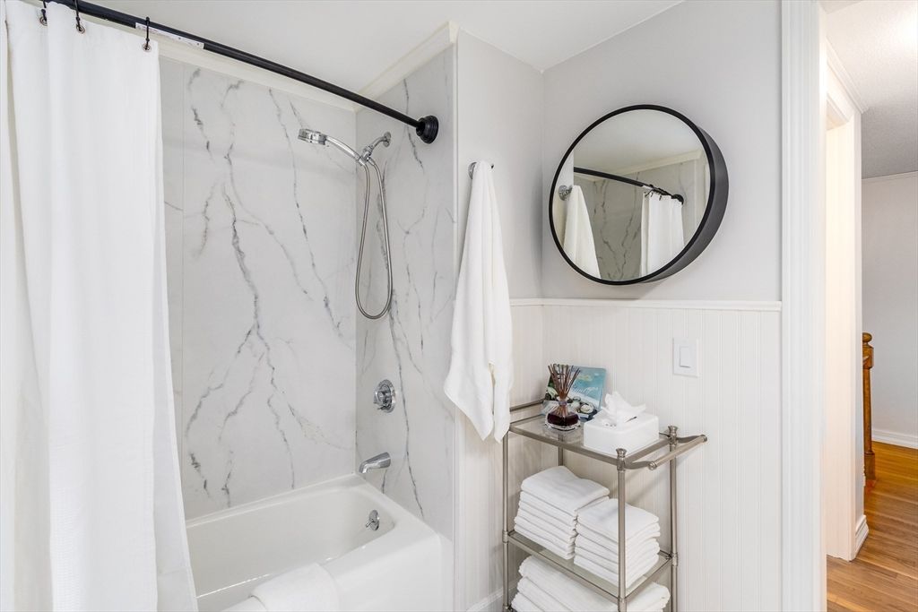 Bathroom, Interior, Marble Walls, Wood Texture Flooring