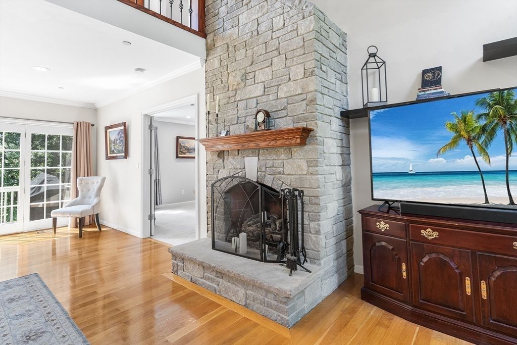 Fireplace, Interior, Recessed Lighting, Stone Walls, Wood Texture Flooring