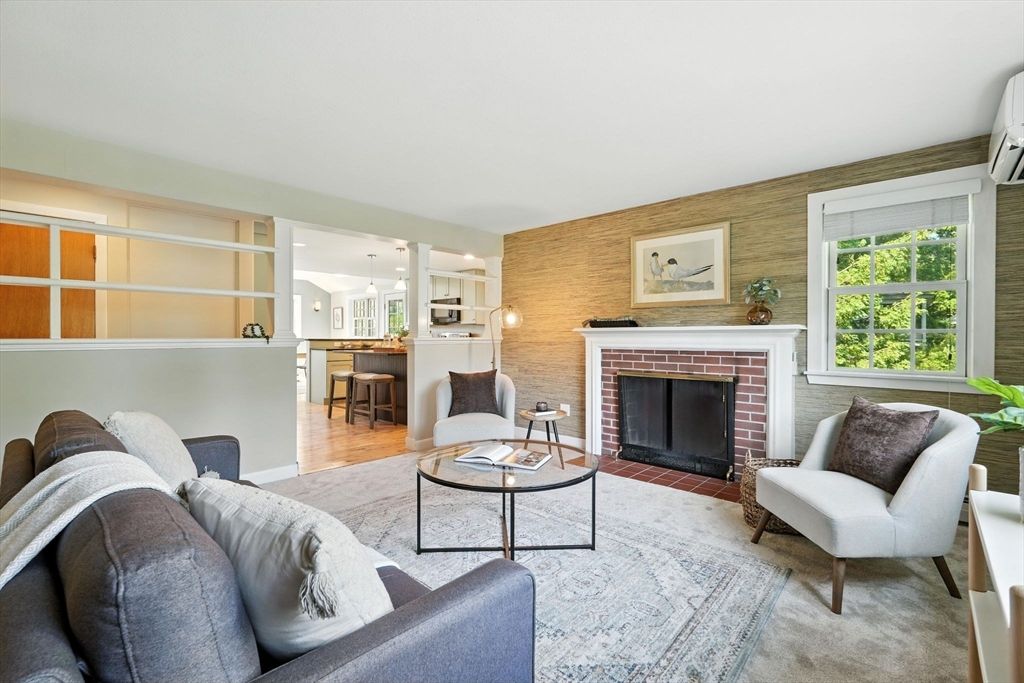 Fireplace, Interior, Kitchen, Living room, Pendant Lights, Wood Texture Flooring, Wooden Walls