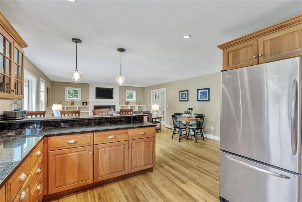 Dining room, Fireplace, Interior, Kitchen, Pendant Lights, Recessed Lighting, Wood Texture Flooring