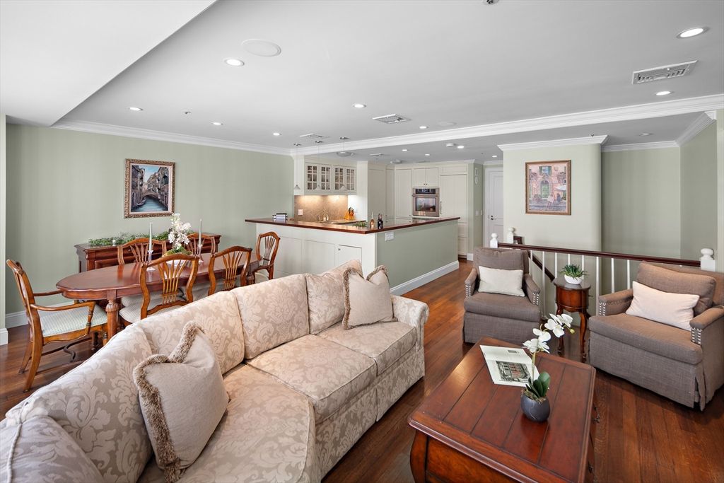Dining room, Interior, Kitchen, Living room, Recessed Lighting, Stainless Steel Appliances, Wood Texture Flooring