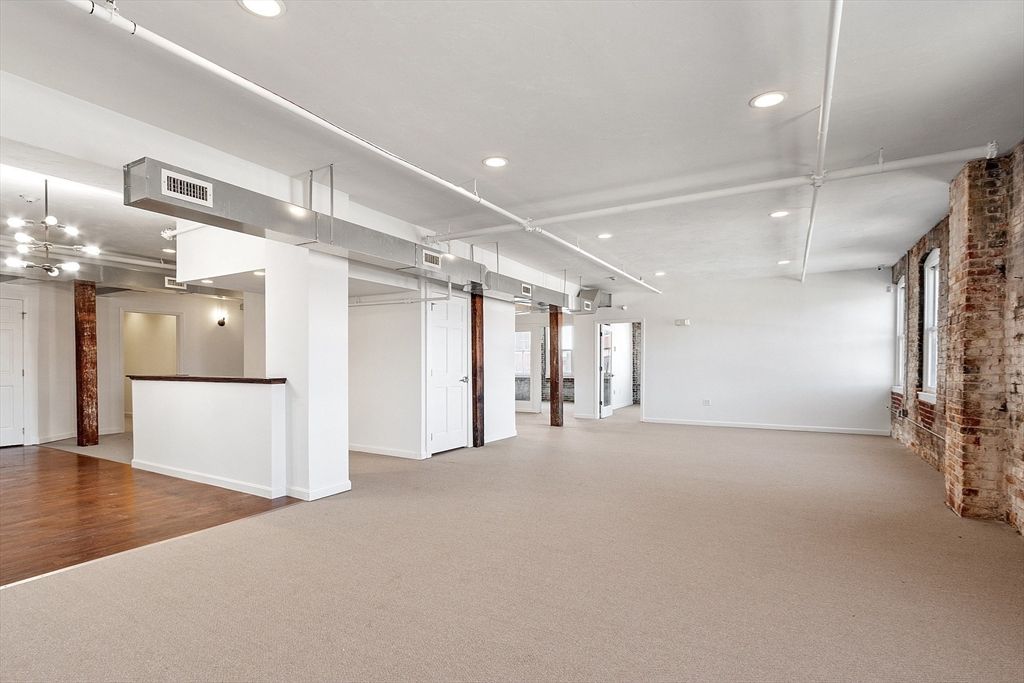 Empty room, Interior, Recessed Lighting, Stone Walls, Wood Texture Flooring