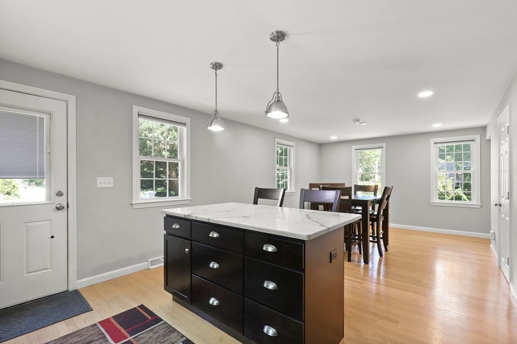 Dining room, Interior, Pendant Lights, Recessed Lighting, Wood Texture Flooring