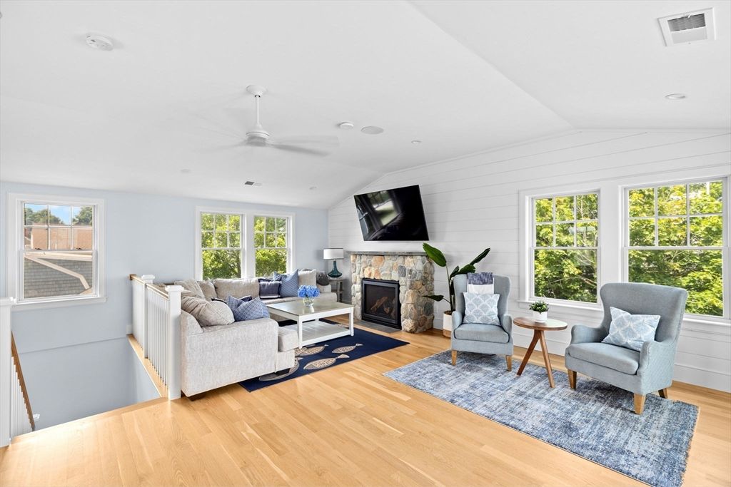 Fireplace, Interior, Living room, Recessed Lighting, Wood Texture Flooring