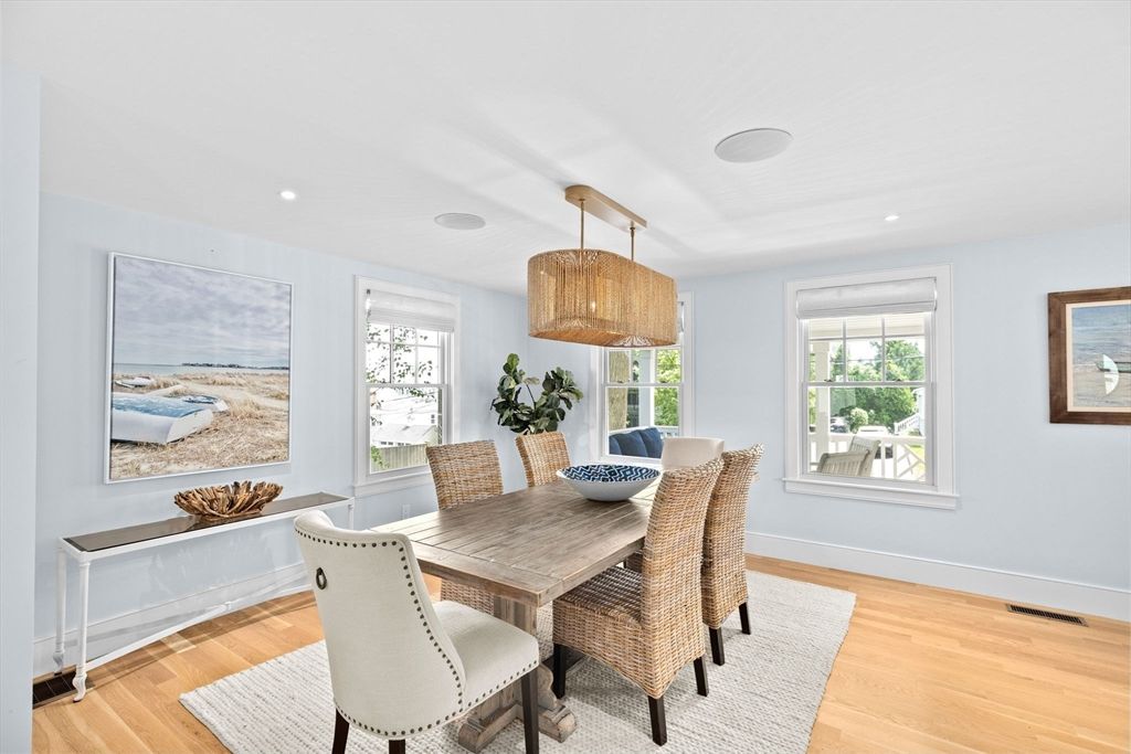 Dining room, Interior, Pendant Lights, Recessed Lighting, Wood Texture Flooring