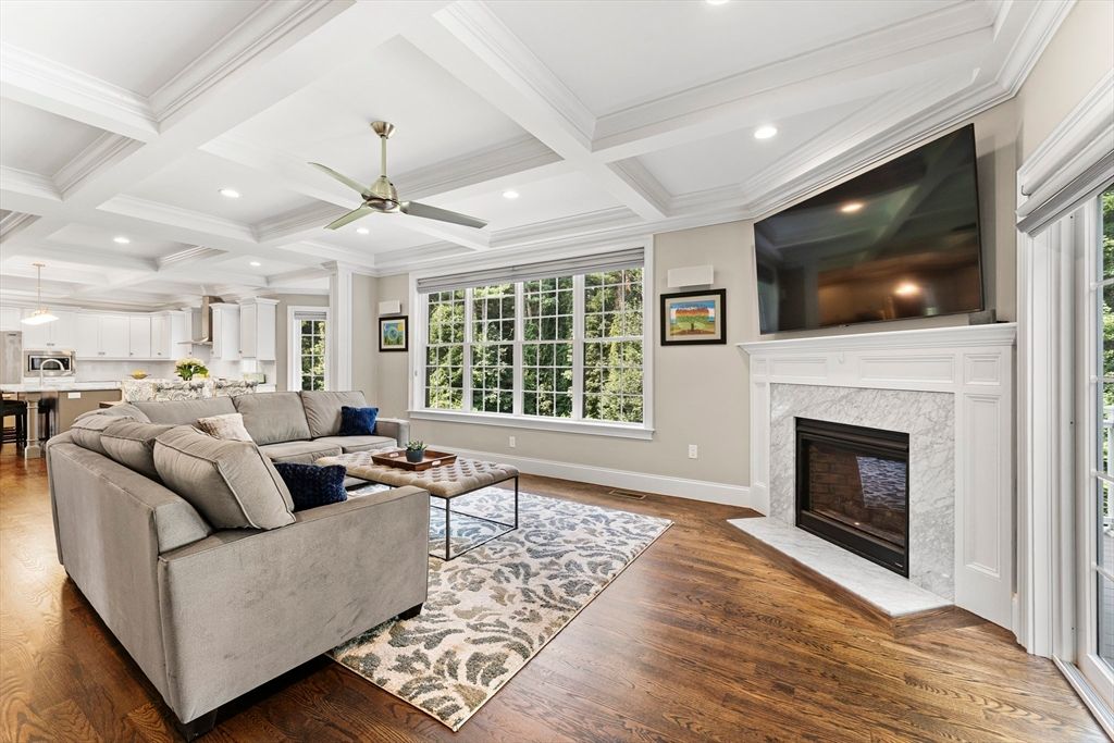 Fireplace, Interior, Kitchen, Living room, Pendant Lights, Recessed Lighting, Wood Texture Flooring