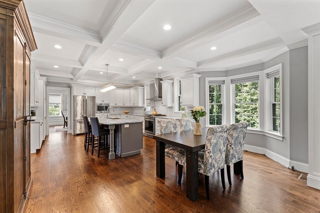 Dining room, Interior, Kitchen, Pendant Lights, Recessed Lighting, Stainless Steel Appliances, Wood Texture Flooring