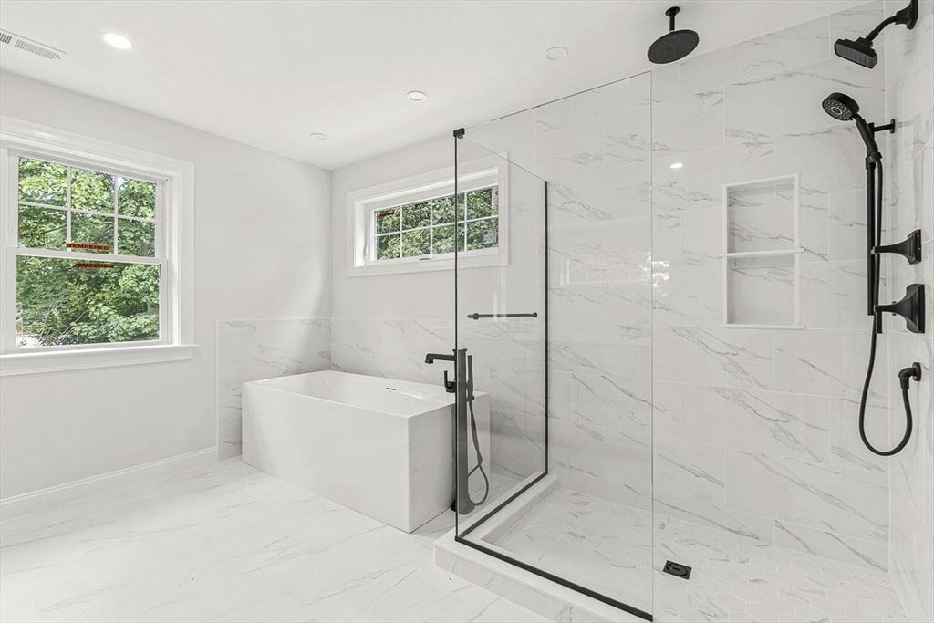 Bathroom, Free Standing Baths, Glass Shower, Interior, Marble, Marble Walls, Recessed Lighting