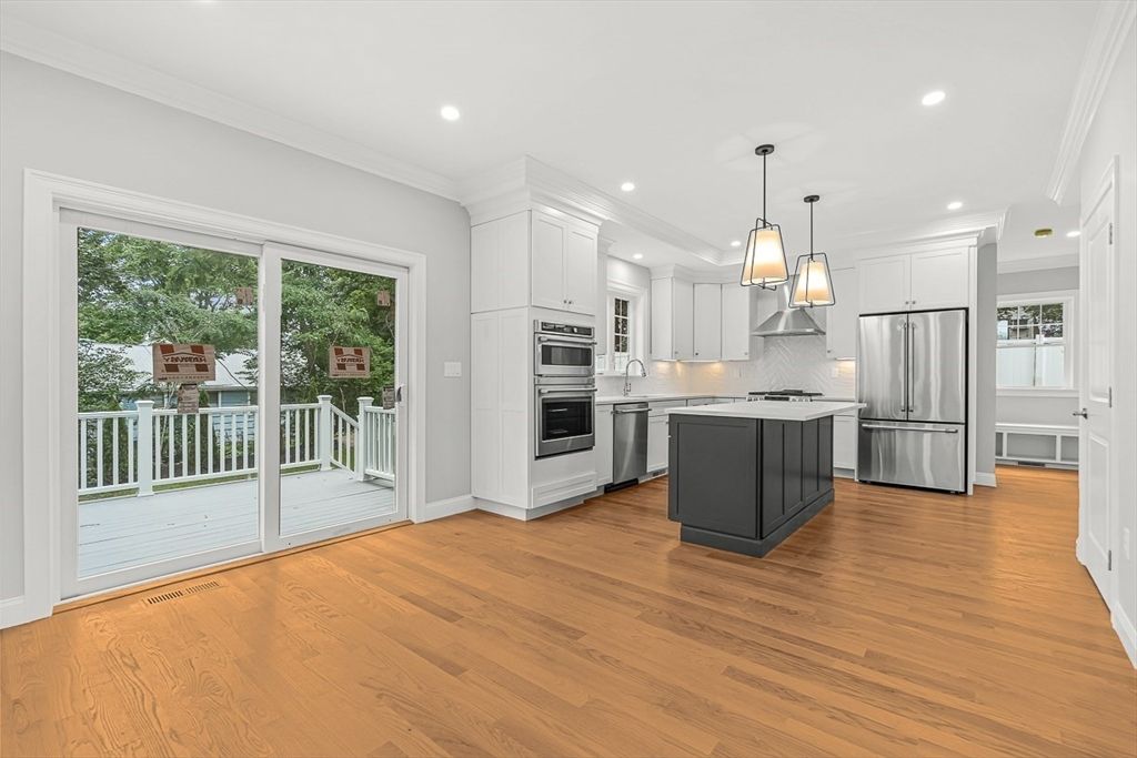Interior, Kitchen, Pendant Lights, Recessed Lighting, Stainless Steel Appliances, Wood Texture Flooring