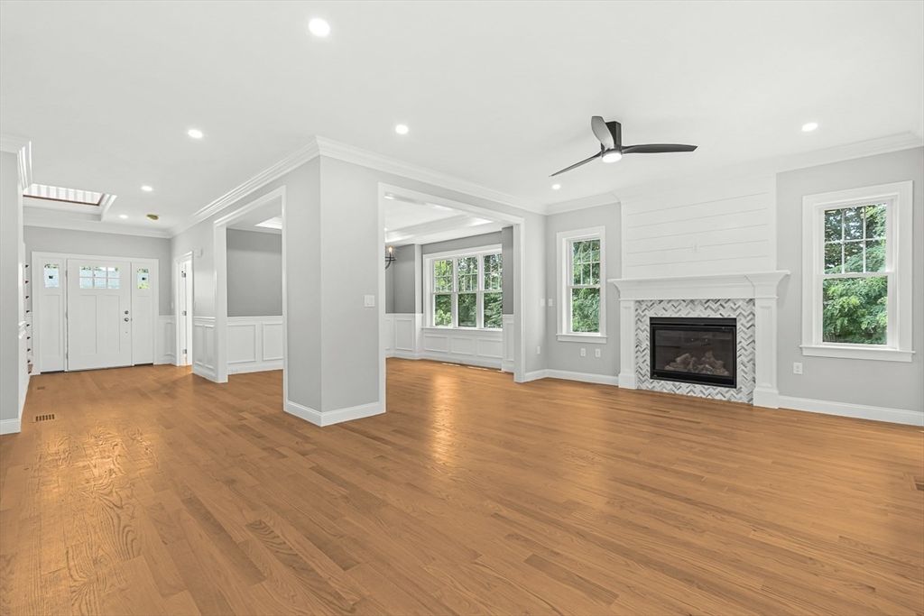 Empty room, Fireplace, Interior, Recessed Lighting, Wood Texture Flooring