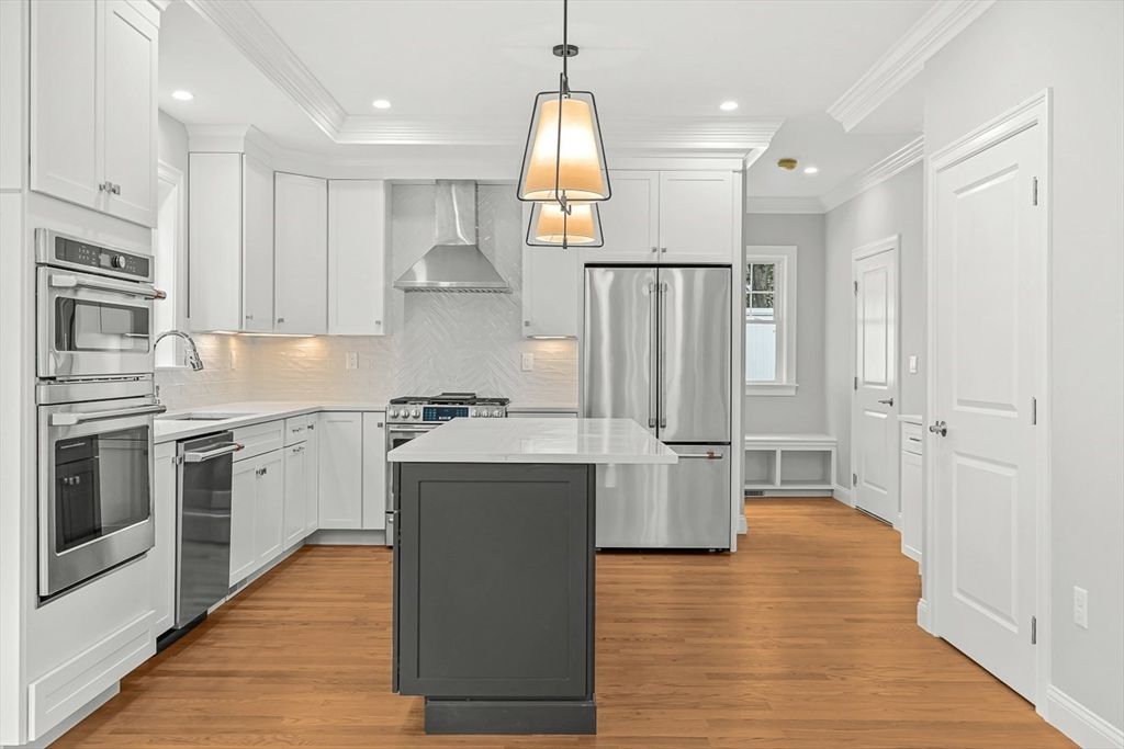 Interior, Kitchen, Pendant Lights, Recessed Lighting, Stainless Steel Appliances, Wood Texture Flooring