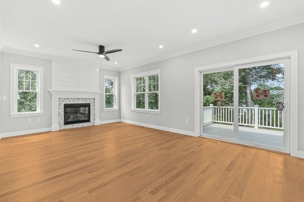 Empty room, Fireplace, Interior, Recessed Lighting, Wood Texture Flooring