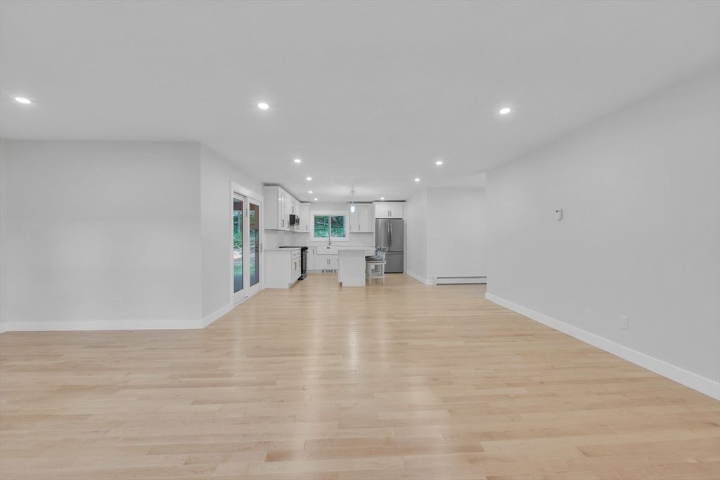 Empty room, Interior, Kitchen, Pendant Lights, Recessed Lighting, Wood Texture Flooring