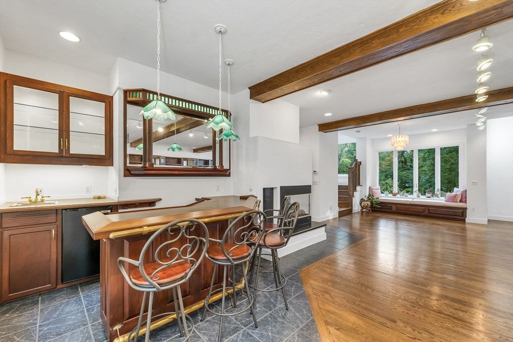 Chandelier, Fireplace, Interior, Pendant Lights, Recessed Lighting, Wooden Beams, Wood Texture Flooring