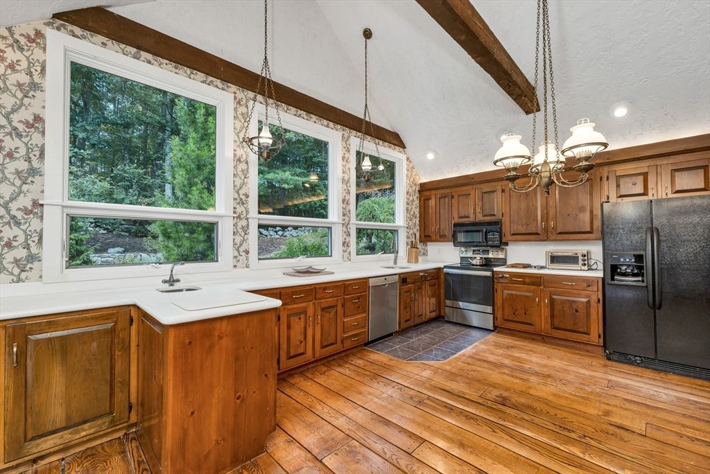 Chandelier, Interior, Kitchen, Pendant Lights, Recessed Lighting, Stainless Steel Appliances, Wooden Beams, Wood Texture Flooring