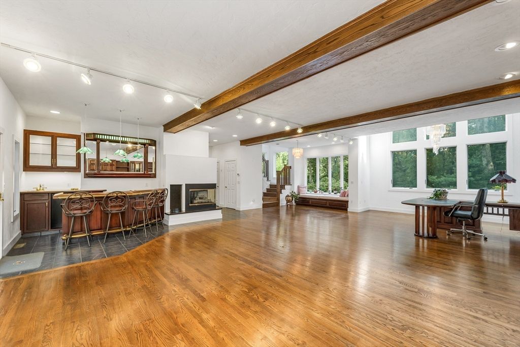 Fireplace, Interior, Pendant Lights, Recessed Lighting, Wooden Beams, Wood Texture Flooring