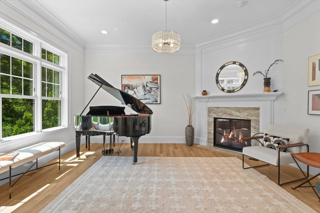 Fireplace, Interior, Pendant Lights, Piano, Recessed Lighting, Wood Texture Flooring