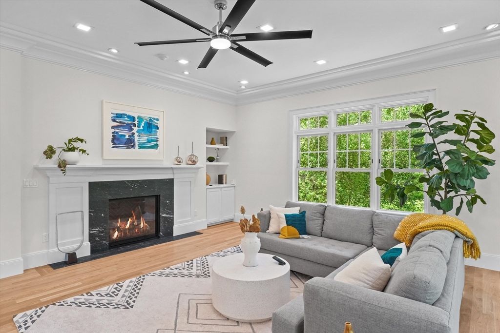 Fireplace, Interior, Living room, Recessed Lighting, Wood Texture Flooring