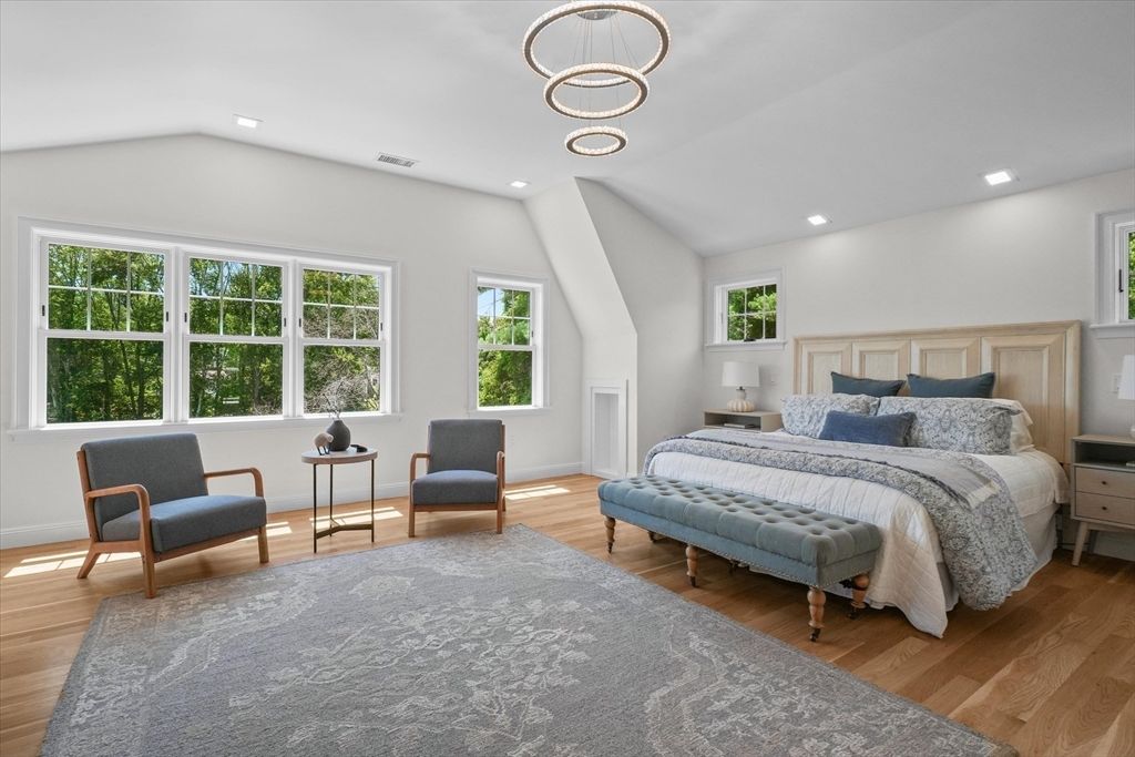 Bedroom, Interior, Pendant Lights, Recessed Lighting, Wood Texture Flooring