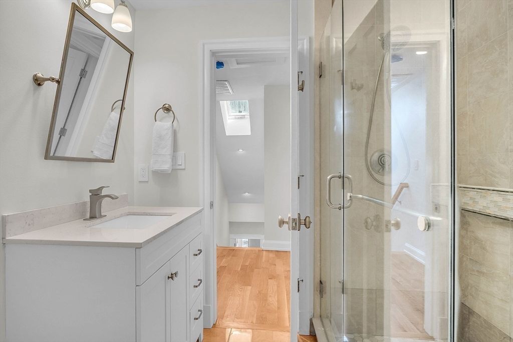 Bathroom, Glass Shower, Interior, Recessed Lighting, Wood Texture Flooring