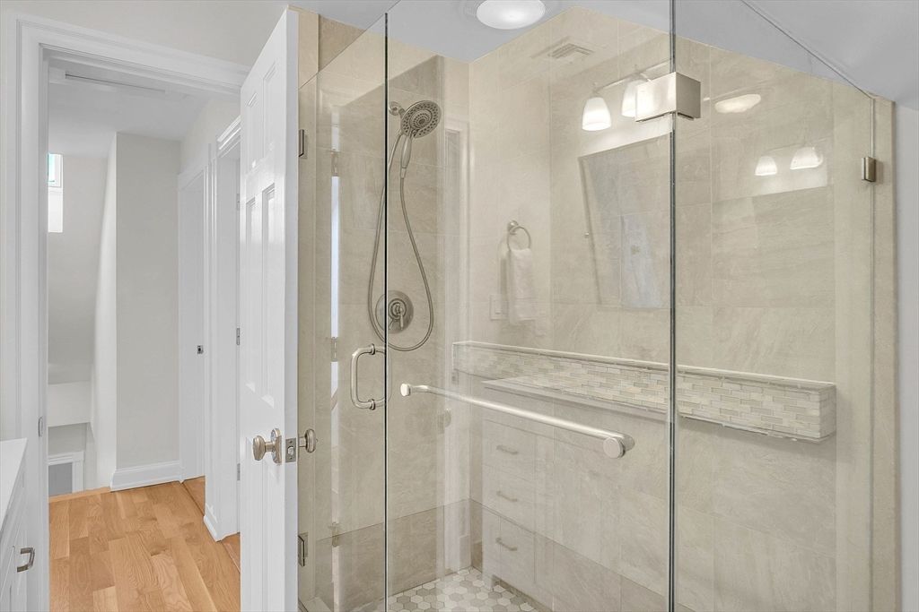 Bathroom, Glass Shower, Interior, Recessed Lighting, Wood Texture Flooring