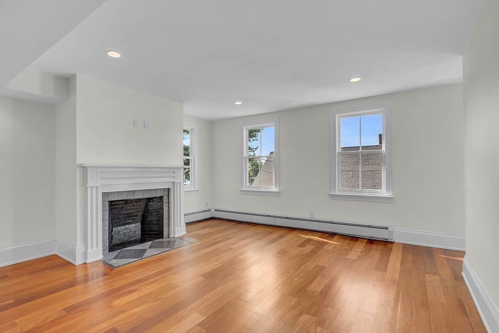Empty room, Fireplace, Interior, Recessed Lighting, Wood Texture Flooring