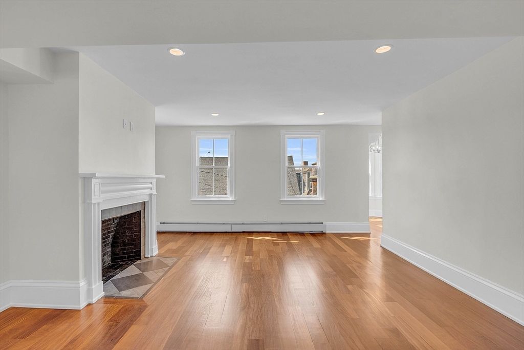 Empty room, Fireplace, Interior, Recessed Lighting, Wood Texture Flooring