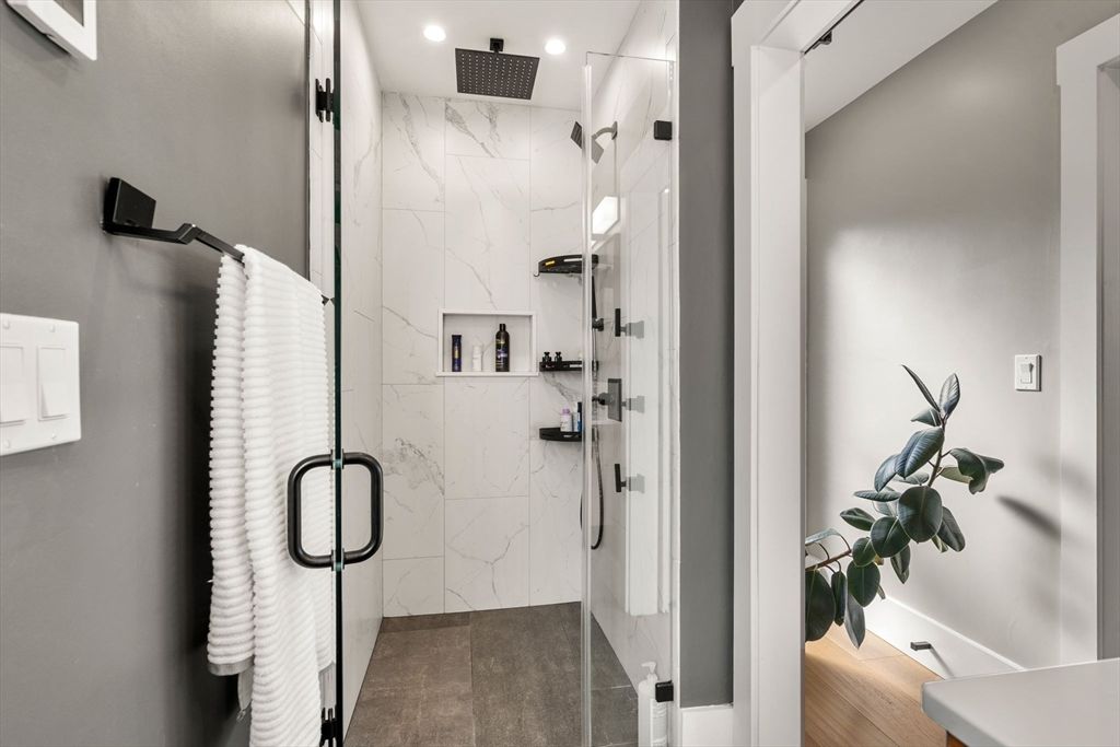 Bathroom, Glass Shower, Interior, Marble Walls, Recessed Lighting