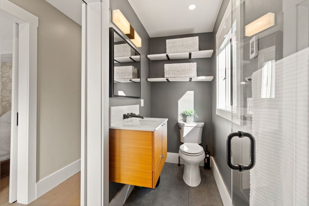 Bathroom, Glass Shower, Interior, Recessed Lighting, Wood Texture Flooring