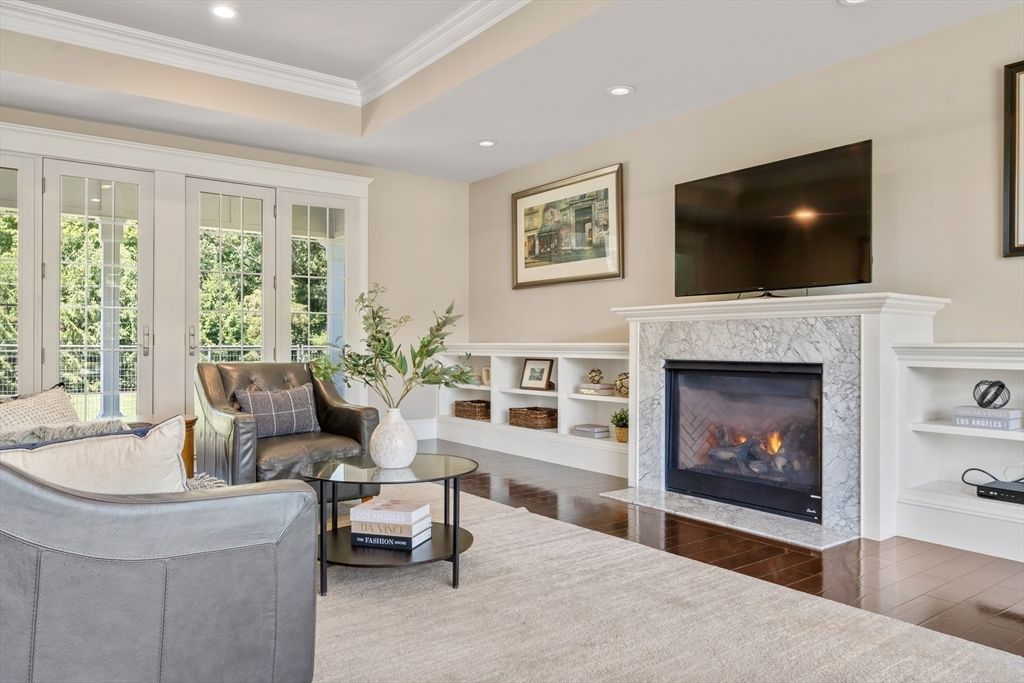 Fireplace, Interior, Living room, Recessed Lighting, Wood Texture Flooring