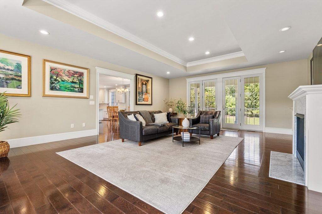 Chandelier, Dining room, Fireplace, Interior, Living room, Recessed Lighting, Wood Texture Flooring