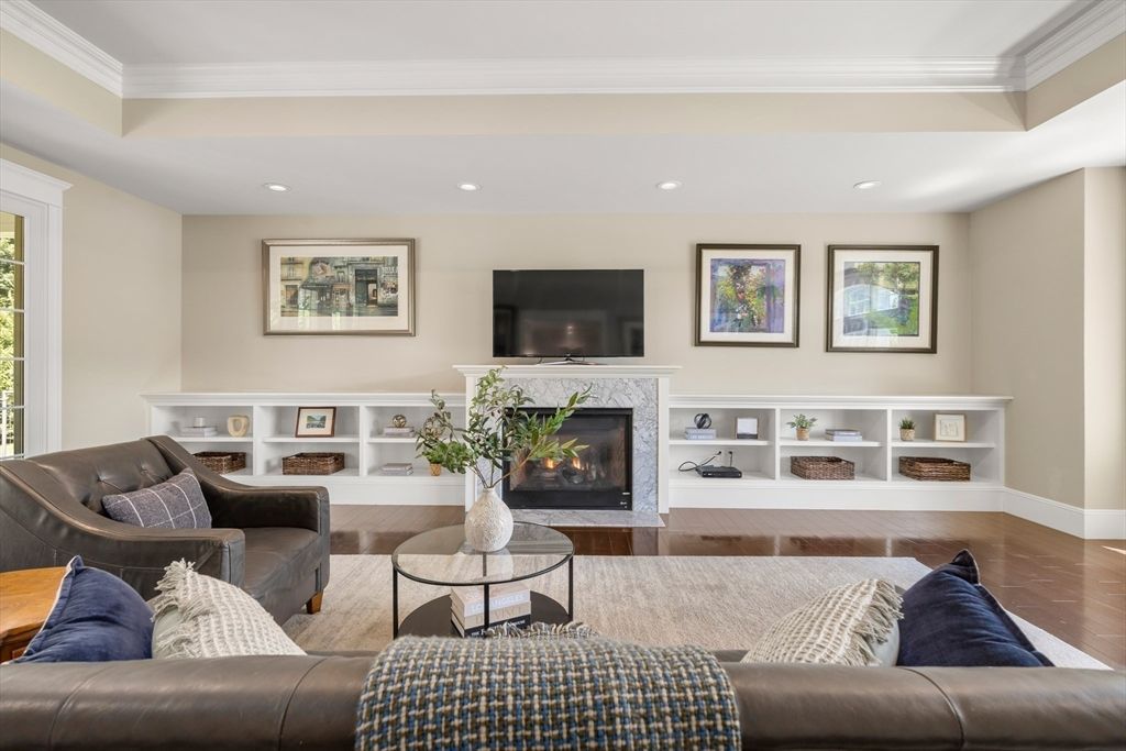 Fireplace, Interior, Living room, Recessed Lighting, Wood Texture Flooring