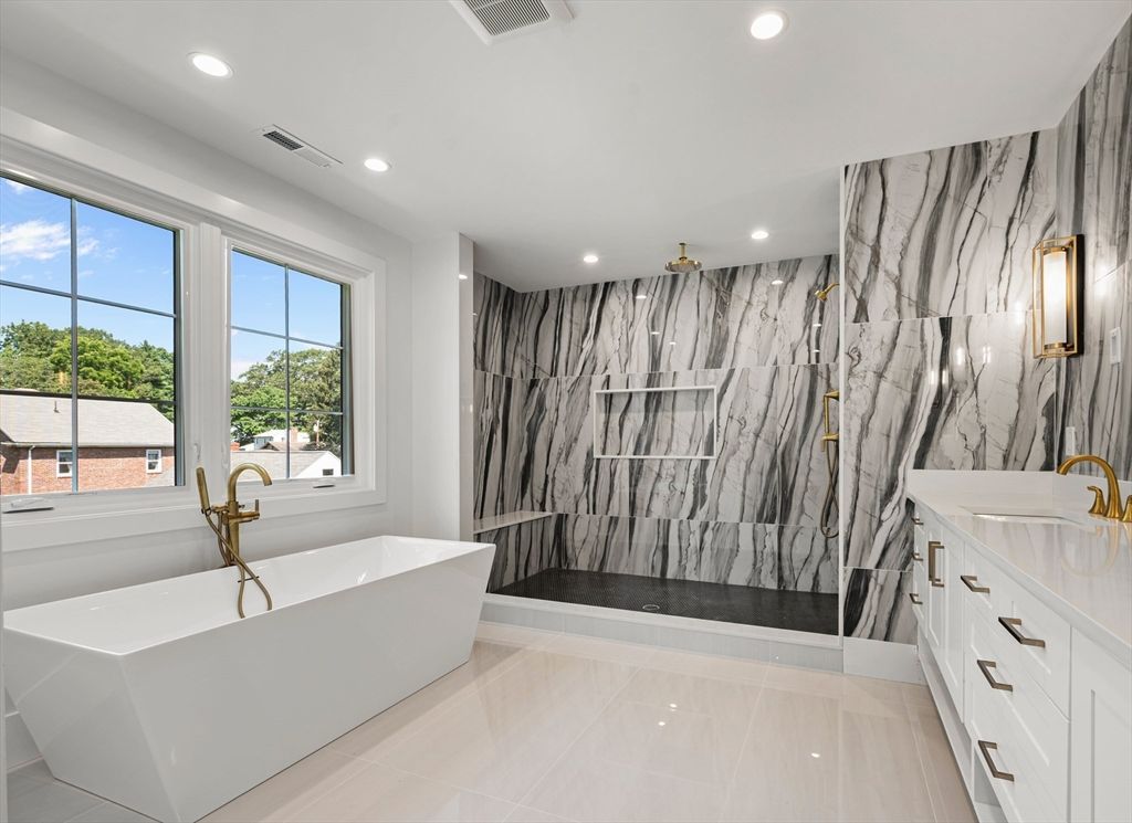 Bathroom, Dual Sink Vanities, Free Standing Baths, Interior, Marble Walls, Recessed Lighting