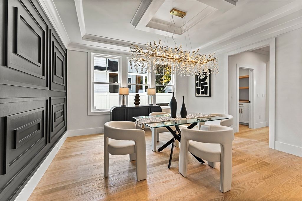 Dining room, Interior, Pendant Lights, Wood Texture Flooring