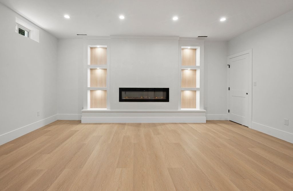 Empty room, Fireplace, Interior, Recessed Lighting, Wood Texture Flooring