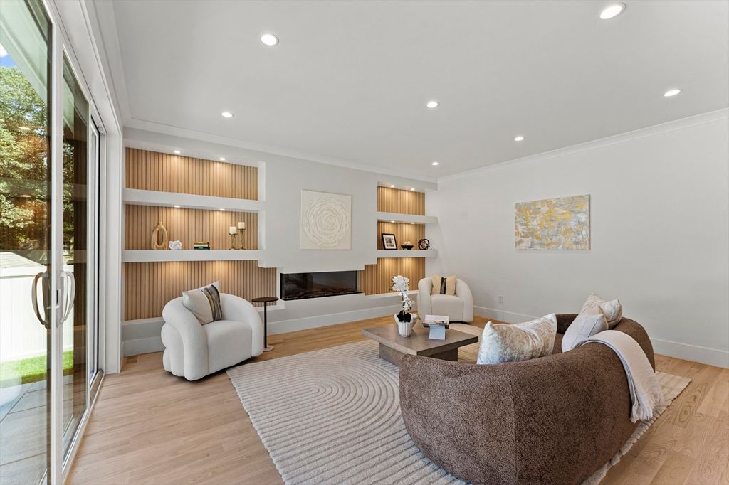 Fireplace, Interior, Living room, Recessed Lighting, Wood Texture Flooring