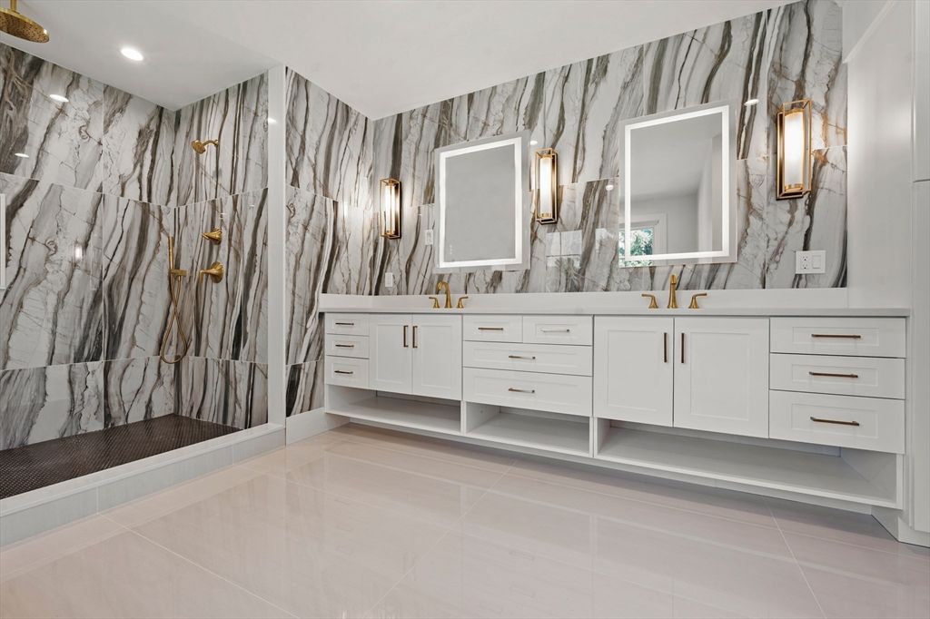 Bathroom, Dual Sink Vanities, Interior, Marble Walls, Recessed Lighting