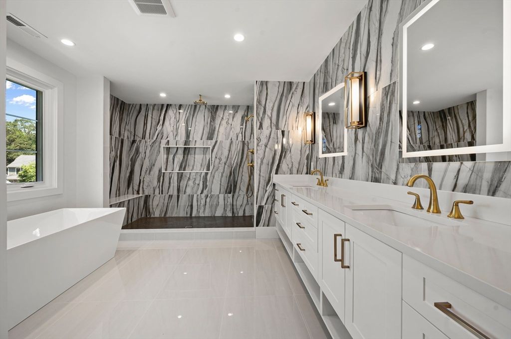 Bathroom, Dual Sink Vanities, Free Standing Baths, Interior, Marble Walls, Recessed Lighting