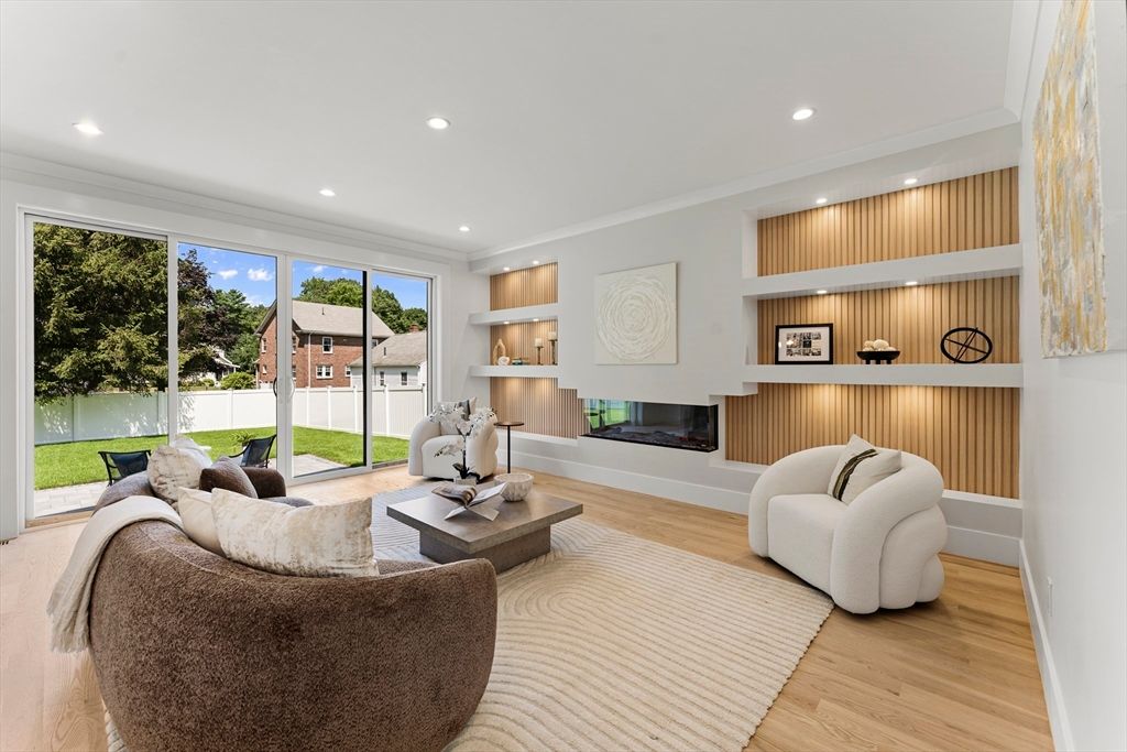 Fireplace, Interior, Living room, Recessed Lighting, Wood Texture Flooring