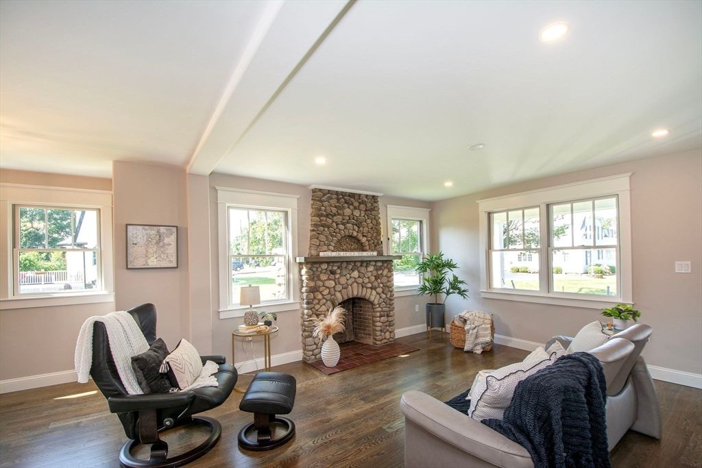 Fireplace, Interior, Recessed Lighting, Stone Walls, Wood Texture Flooring