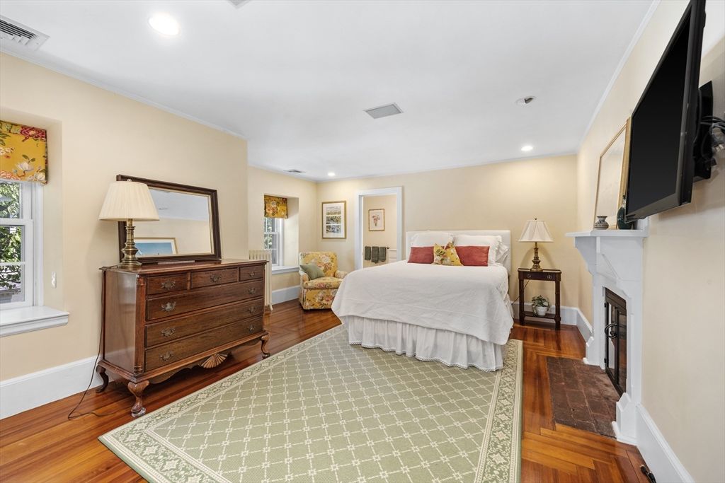 Bedroom, Fireplace, Interior, Recessed Lighting, Wood Texture Flooring