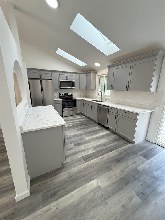 Interior, Kitchen, Recessed Lighting, Stainless Steel Appliances, Wood Texture Flooring