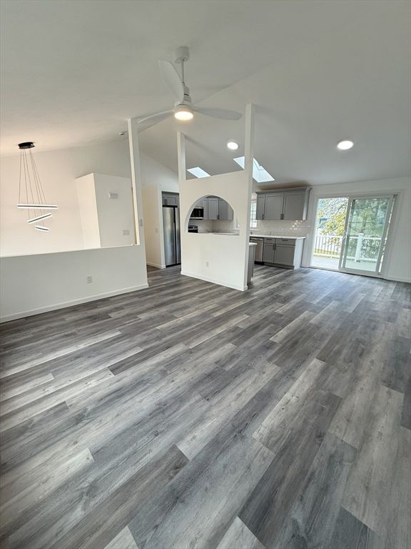 Empty room, Interior, Kitchen, Pendant Lights, Recessed Lighting, Wood Texture Flooring
