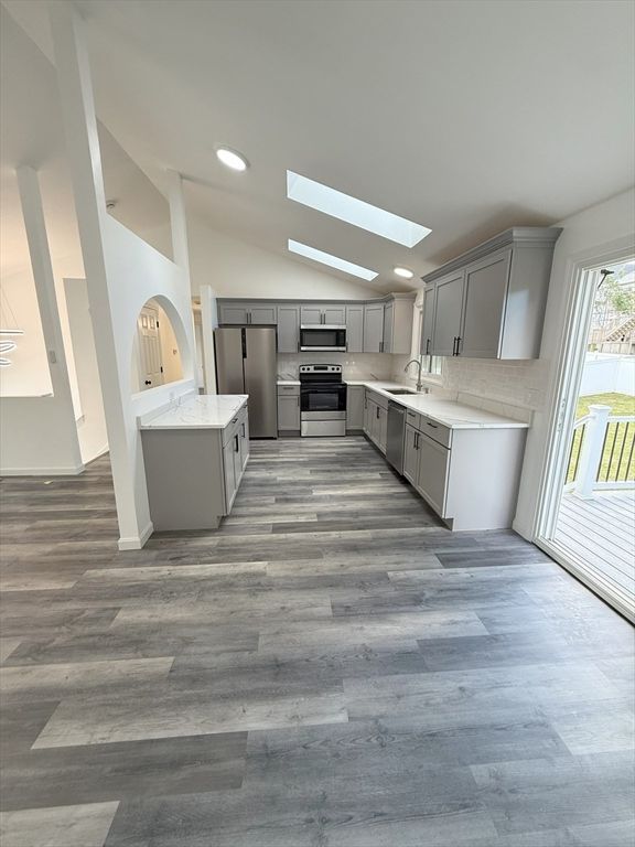 Interior, Kitchen, Recessed Lighting, Stainless Steel Appliances, Wood Texture Flooring