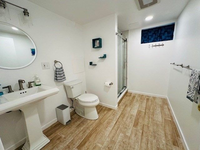 Bathroom, Glass Shower, Interior, Recessed Lighting, Wood Texture Flooring