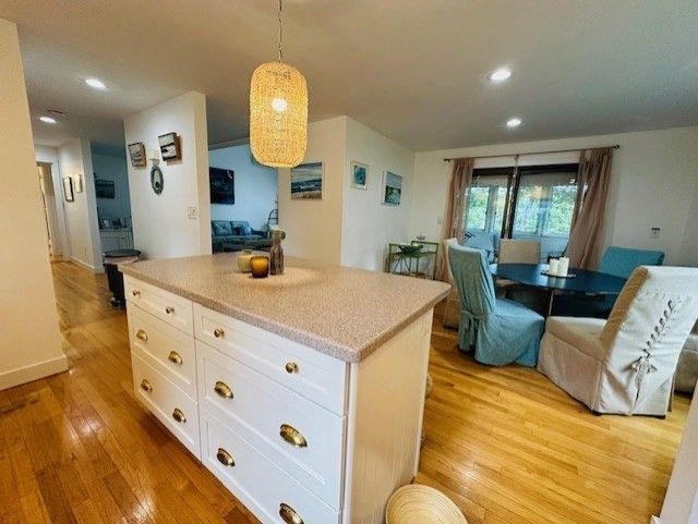 Dining room, Interior, Pendant Lights, Recessed Lighting, Wood Texture Flooring