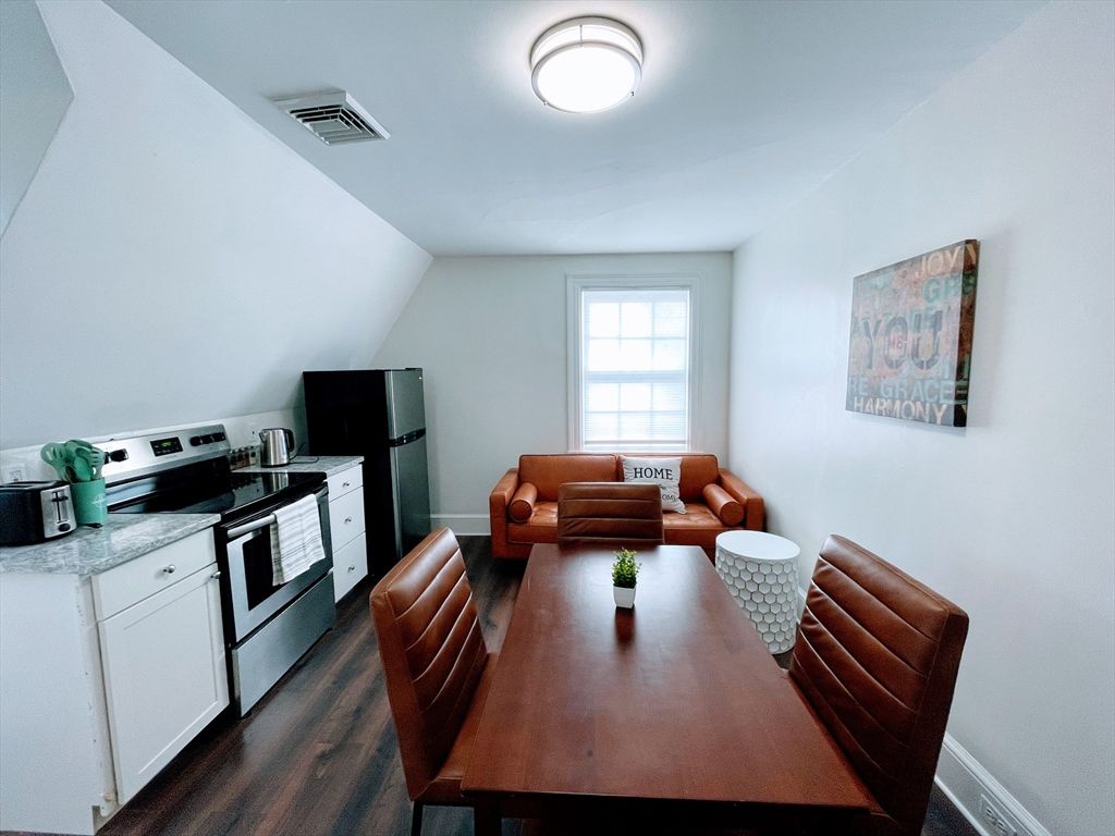 Dining room, Interior, Kitchen, Living room, Stainless Steel Appliances, Wood Texture Flooring